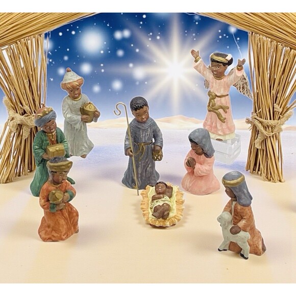 Nativity 8 Piece Set Vintage African American Ceramic Figurines - Picture 1 of 4
